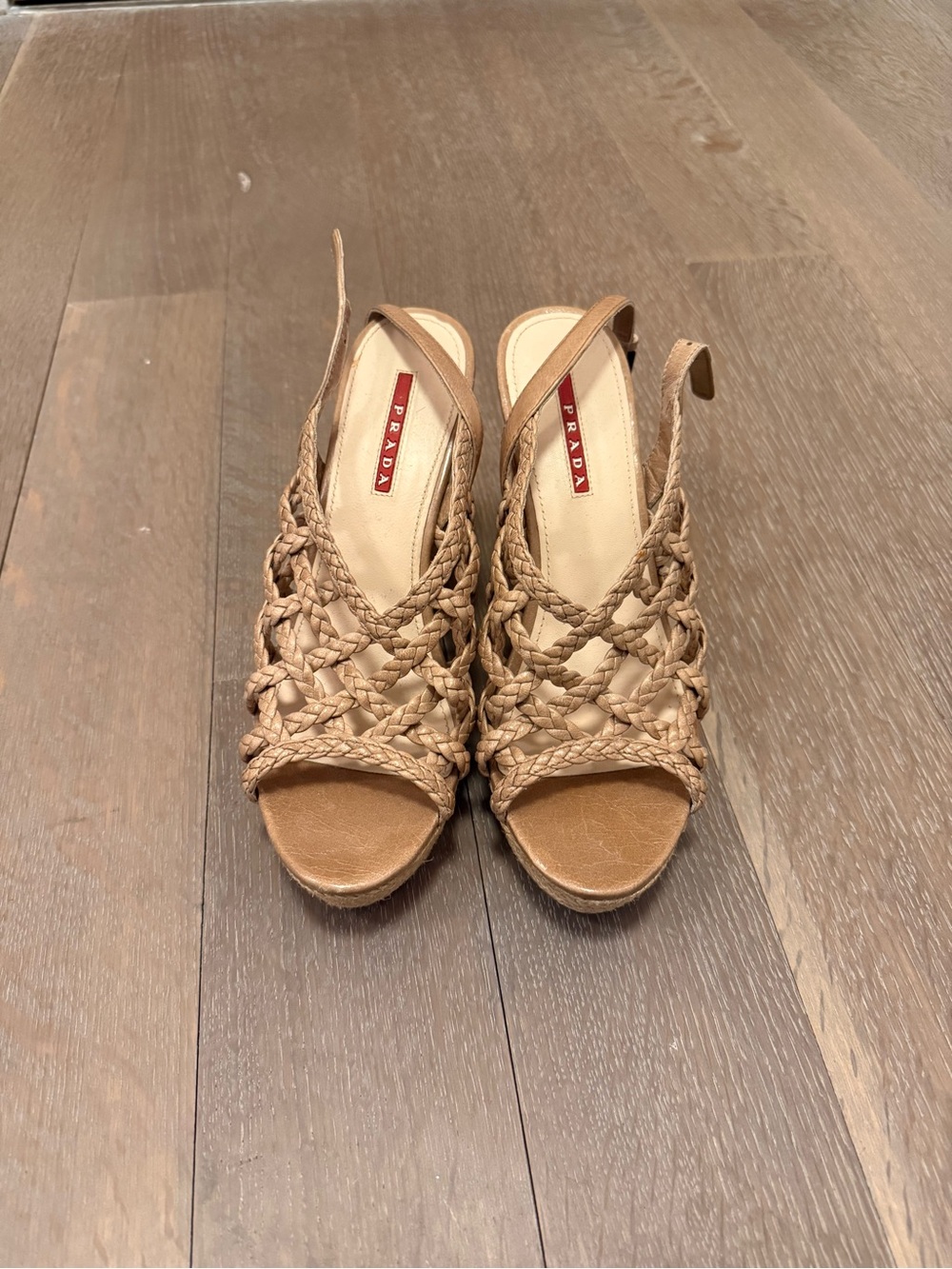 Prada Braided Tan Slingback Wedge Sandals